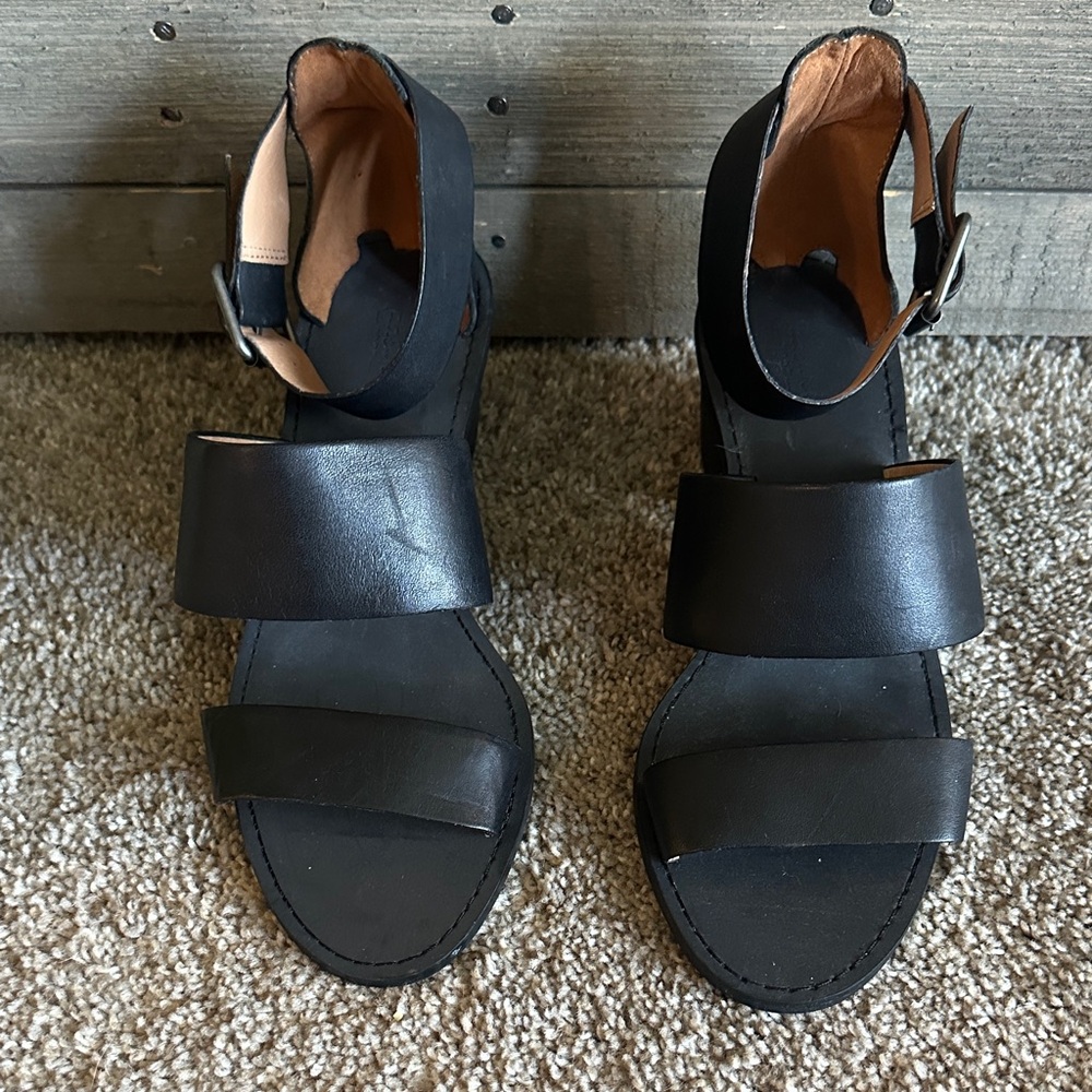 Madewell Black Leather Ankle Strap Sandals Block Heel Minimalist Size 10